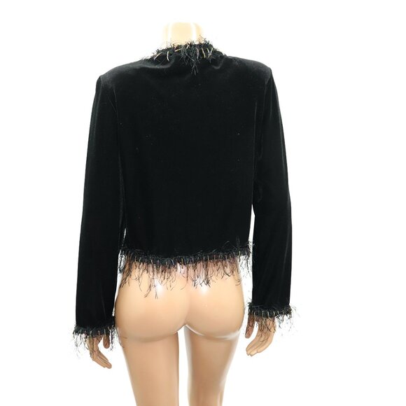 Ronni Nicole Black Velvet Eyelash Trim Beaded Shaggy Bolero Shrug Jacket M - Picture 5 of 5